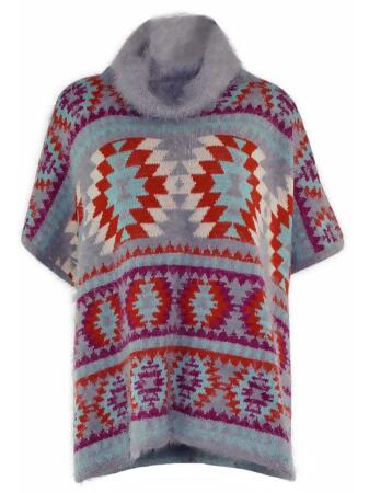 Geo Pattern Turtleneck Poncho - One Size