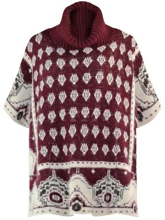 Mixed Pattern Fuzzy Knit Turtleneck Poncho - One Size