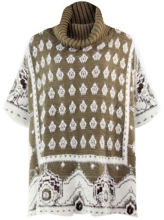 Mixed Pattern Fuzzy Knit Turtleneck Poncho - One Size