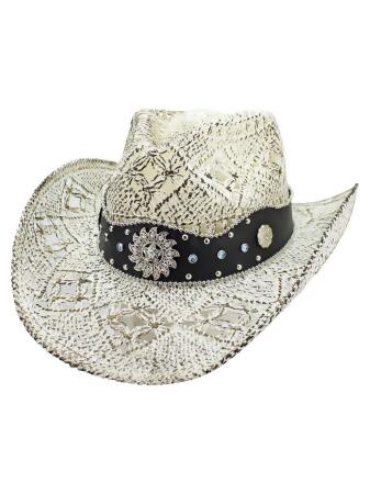 White Antiqued Straw Cowboy Hat With Jeweled Band - Medium