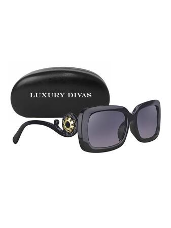 Square Frame Jeweled Swirl Arm Sunglasses With Hard Case - One Size