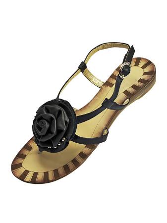Womens Black Flat Thong Sandals With Large Rosette - 6.5