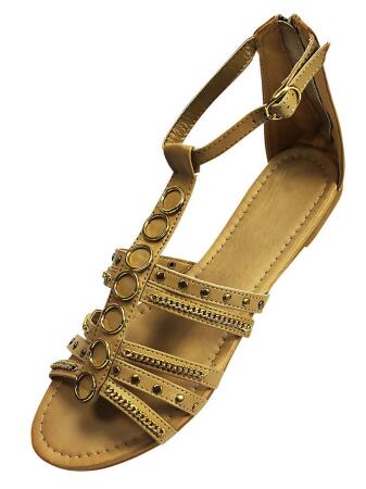 Tan Studded Strappy Womens Sandals With Chain Trim - 10