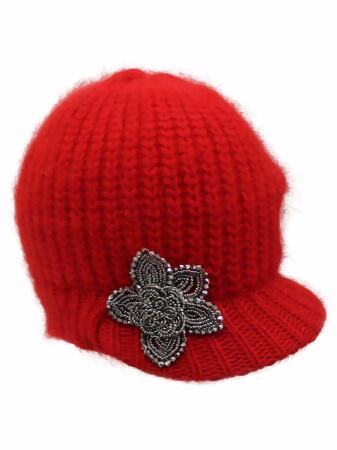 Angora Knit Newsboy Hat With Beaded Flower - One Size