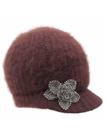 Angora Knit Newsboy Hat With Beaded Flower - One Size