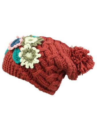 Chunky Knit Floral Slouchy Beanie Cap Hat - One Size