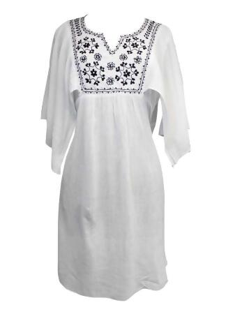 White Cotton Embroidered Beach Cover Up Dress - Large