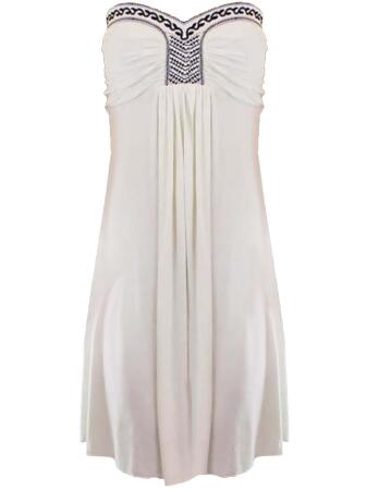 White Strapless Dress Beach Cover Up With Embroidery - Medium