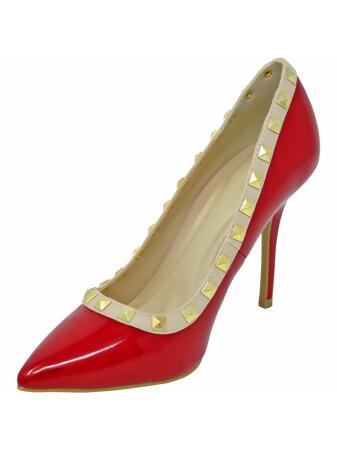 Womens Red Patent Leather Pumps With Gold Studs - 6.5