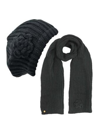 Feminine Rosette Knit Beret Hat Scarf Set - One Size