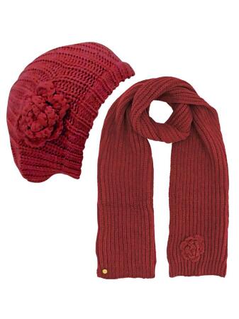 Feminine Rosette Knit Beret Hat Scarf Set - One Size