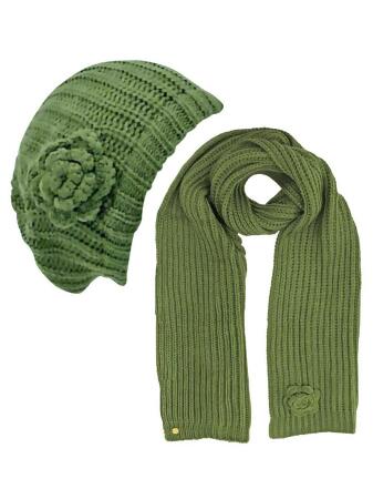Feminine Rosette Knit Beret Hat Scarf Set - One Size