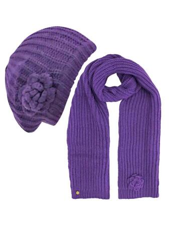 Feminine Rosette Knit Beret Hat Scarf Set - One Size