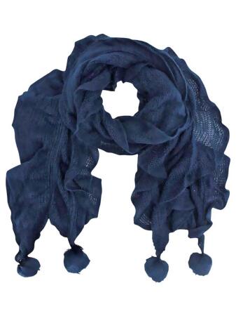 Ruffled Knit Oblong Scarf With Pom Poms - One Size