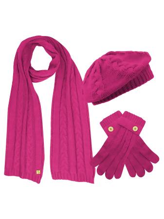 Cable Knit Beret Hat Scarf Glove Matching 3 Piece Set Set - One Size