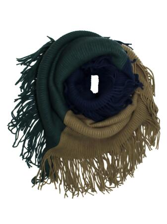 Tricolor Block Winter Knit Infinity Scarf With Fringe - One Size