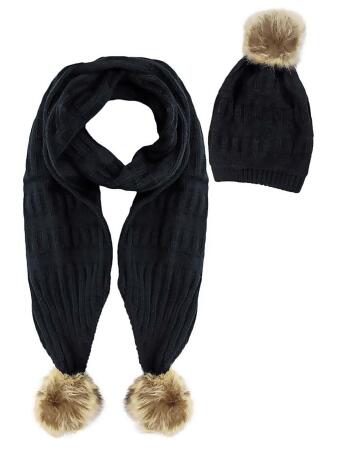 2-Piece Knit Slouchy Beanie Hat Scarf Set With Fur Pom Poms - One Size