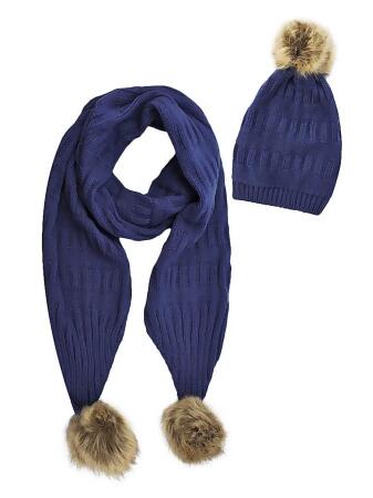 2-Piece Knit Slouchy Beanie Hat Scarf Set With Fur Pom Poms - One Size