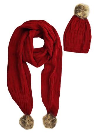 2-Piece Knit Slouchy Beanie Hat Scarf Set With Fur Pom Poms - One Size
