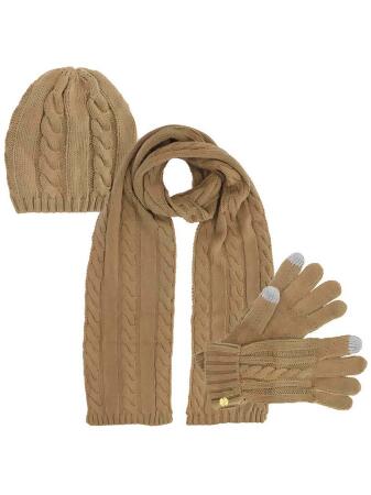 Cable Knit 3 Piece Beanie Hat Texting Gloves Matching Scarf Set - One Size