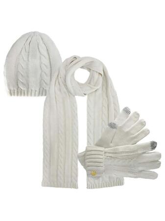 Cable Knit 3 Piece Beanie Hat Texting Gloves Matching Scarf Set - One Size