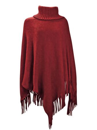 Knit Turtleneck Poncho With Fringe - One Size