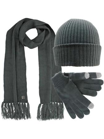 Ribbed Knit Men's 3 Piece Hat Scarf Texting Gloves Set - One Size