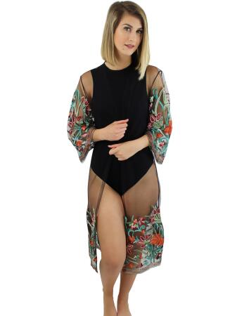 Floral Embroidered Mesh Kimono Cover Up - One Size