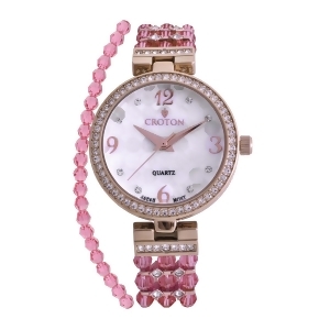 Croton Ladies Pink Mother of Pearl Dial Watch with Crystal Bezel Bracelet Set Cn407567ylmp - All