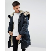 River Island Parka Jacket With Faux Fur Lining In Navy - Blue River Island Parka Jacket With Faux Fur Lining In Navy - Blue