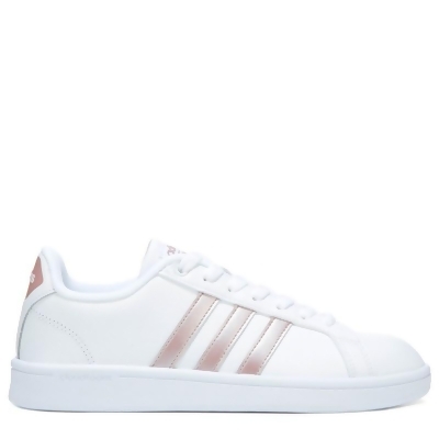 white adidas with rose gold stripes