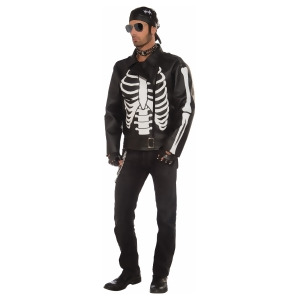 Men's Adult's Large Black White Faux Leather Skeleton Biker Jacket Standard Size - All