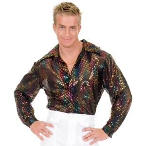 Adult Men's Black Rainbow Multi-Colored Mini-Sequin 70s Disco Costume Shirt - Extra-Small: 34-36" chest~ approx 150lbs