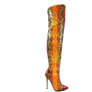 Highest Heel Womens 4.5 Knee High Snake Covered Rear Orange Snake Boots - Women's US Shoe Size 5