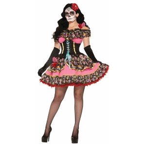 Womens Sexy Day Of The Dead Senorita Flower Dress Costume - Womens X-Small - Small (2-6) approx 30-32" bust & 22-24" waist