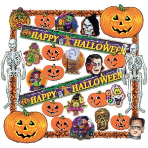 28 Piece Fr Happy Halloween Trimorama Pumpkins And Creatures Decorations Kit Varying Sizes - All