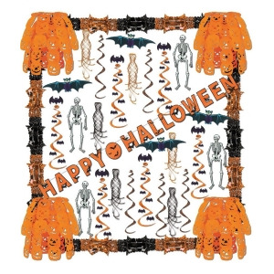 34 Piece Happy Halloween Skeletons Bats Pumpkins Streamers Decorations Kit Varying Sizes - All