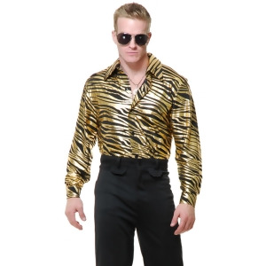 Mens Adults 70s Metallic Gold Zebra Print Disco Shirt - Small:  36-38" chest - approx 150-180lbs