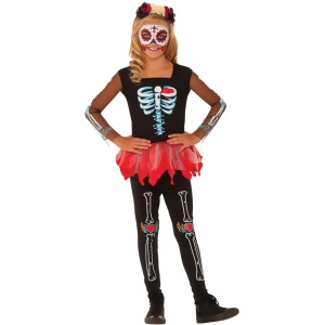 Child's Girls Day Of The Dead Scared To The Bone Skeleton Costume - Girls Large (12-14) for ages 8-10 approx 31"-34" waist~ 55-60" height
