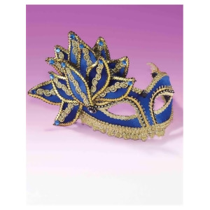 Deluxe Costume Blue And Gold Mardi Gras Carnival Mask With Feather Plume Standard Size - All