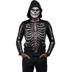Adult's Mens Undead Bare Bones Skeleton Black Hooded Shirt Costume - Mens X-Large 48"-50" chest - Pant Size 36"-38"