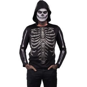 Adult's Mens Undead Bare Bones Skeleton Black Hooded Shirt Costume - Mens XX-Large 50"-52" chest - Pant Size 38"-40"