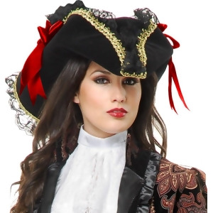 Deluxe Red And Gold Velvet Adult Costume Pirate Hat With Red Ribbon Standard Size - All