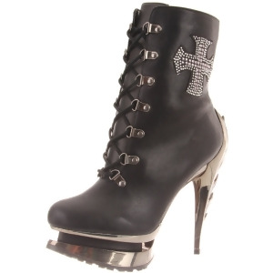 Womens Shoes 5 Flame Heel Ankle Boot Metal Stud Cross Embellished Black Soft Pu - Women's US Shoe Size 5
