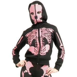 Womens Pink Skeleton Print Black Hoodie Sweatshirt - Large