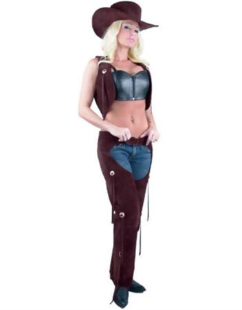 Womens Sexy Range Rider Cowgirl Brown Faux Suede Chaps and Vest Set