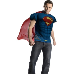 Adult Mens Deluxe Man of Steel Superman Costume Muscle T-Shirt With Cape - Mens X-Large (44-46)