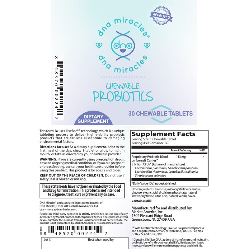 DNA Miracles Chewable Probiotics Product Label. See Product Label Details section further below.