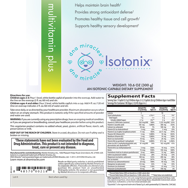 DNA Miracles Isotonix Multivitamin Plus Product Label. See Product Label Details section further below.