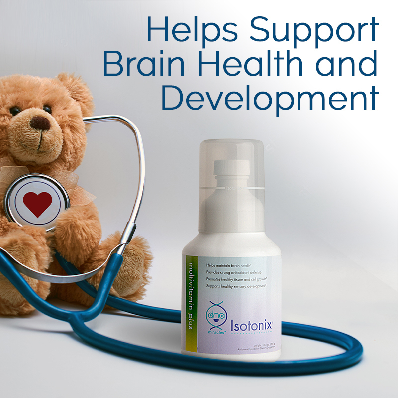 DNA Miracles Isotonix Multivitamin Plus, Helps Support Brain Health and Development, bottle shown with Teddy bear and Stethoscope 